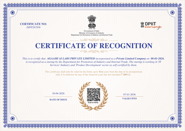 Agaami AI Labs — DPIIT / Startup India Certificate of Recognition